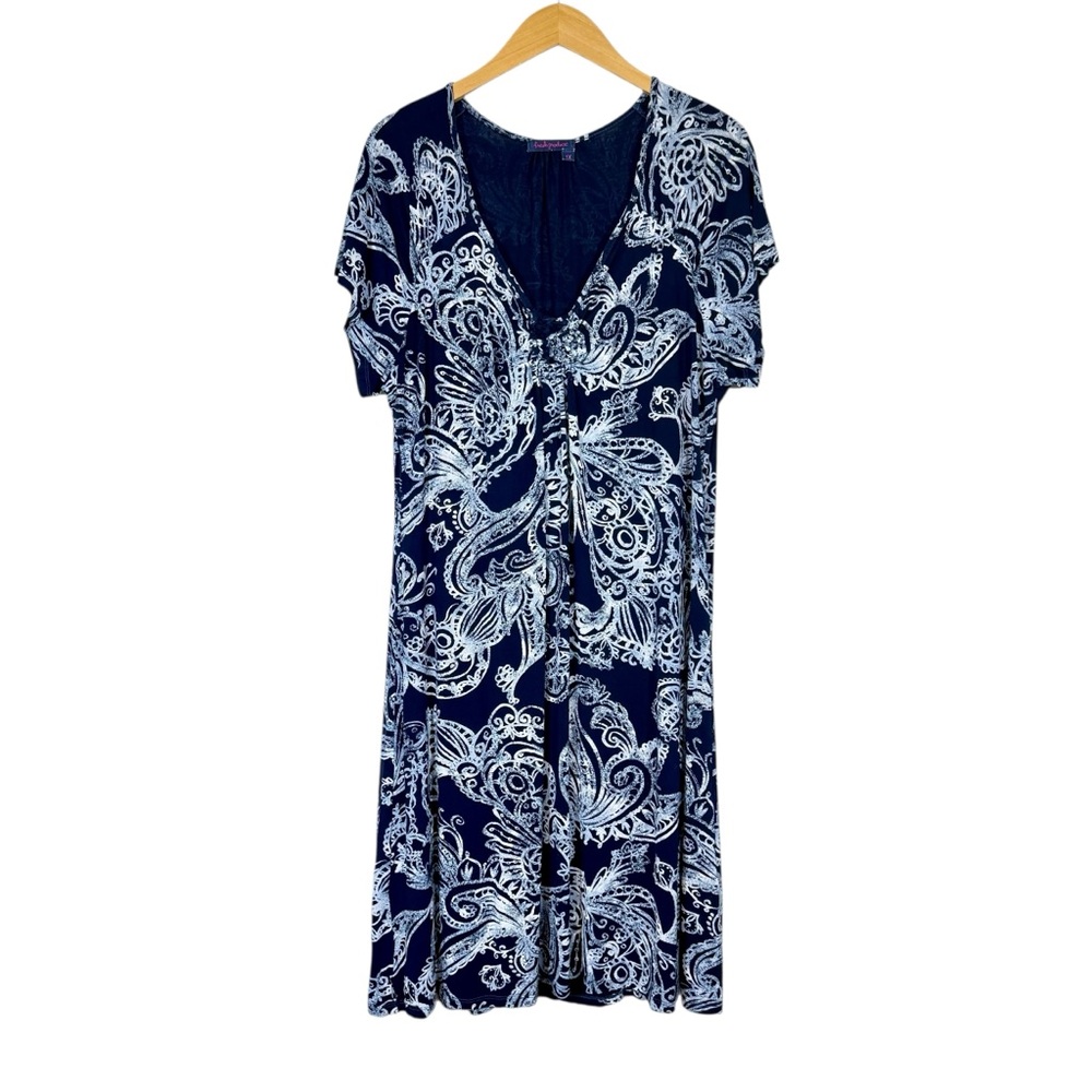 Fresh‎ Produce Emma Dress Plus Sz 1X Ruched Blue Paisley Printed A-Line Stretch